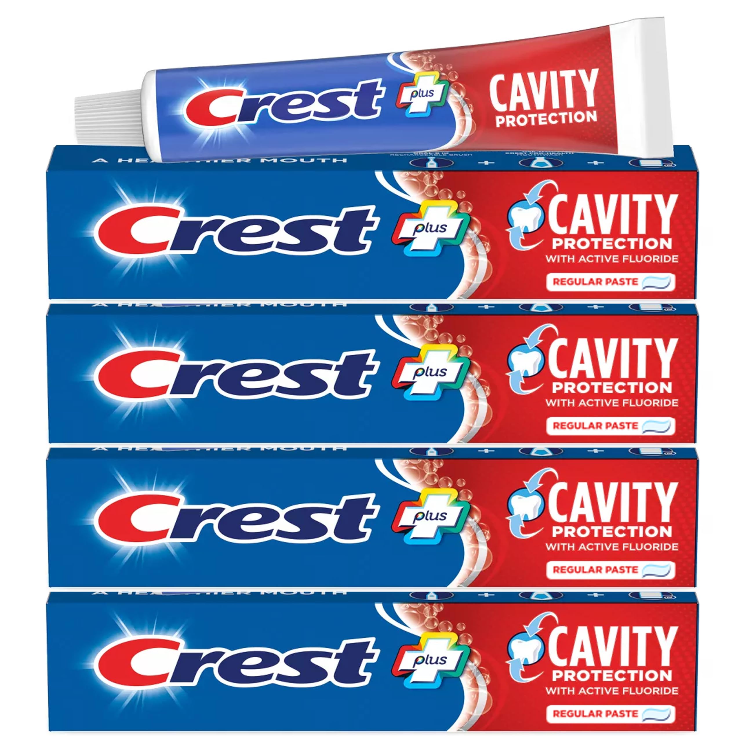 Crest tubo frontal mostrando el envase y beneficio de protección