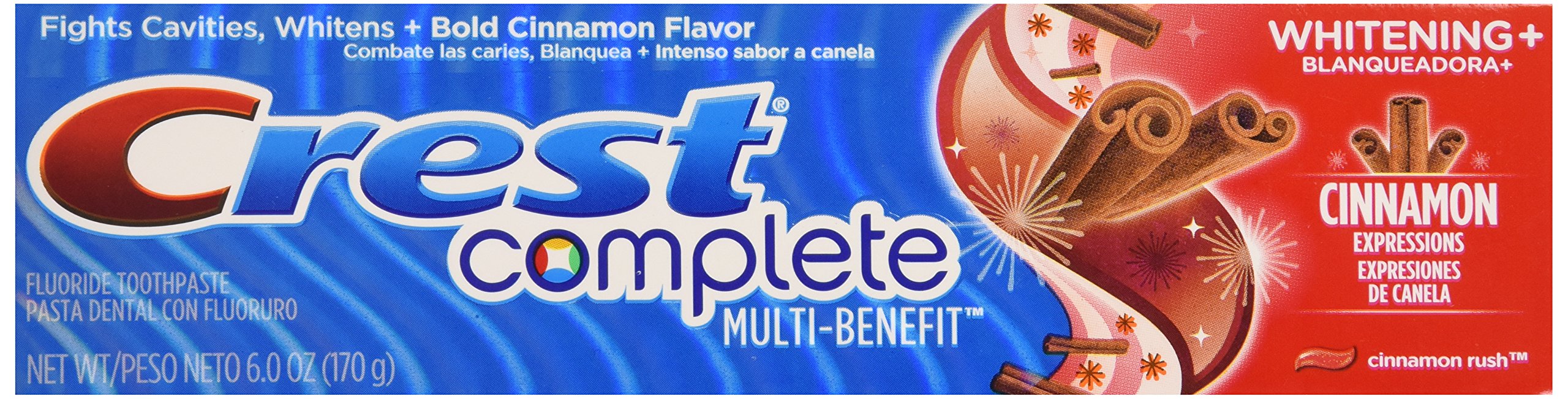 Crest Cinnamon Rush frente del tubo mostrando etiqueta y tamaño práctico para hogar