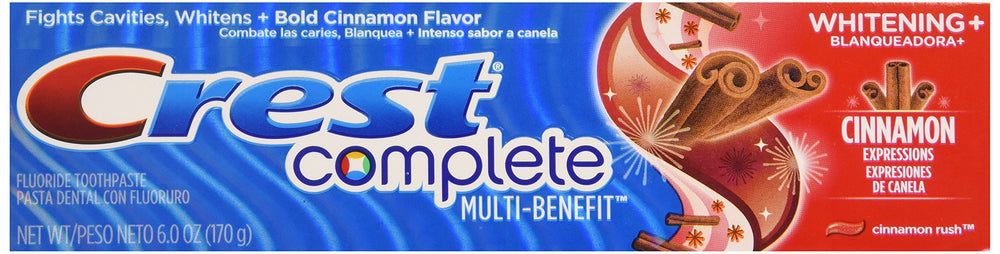 Crest Cinnamon Rush frente del tubo mostrando etiqueta y tamaño práctico para hogar