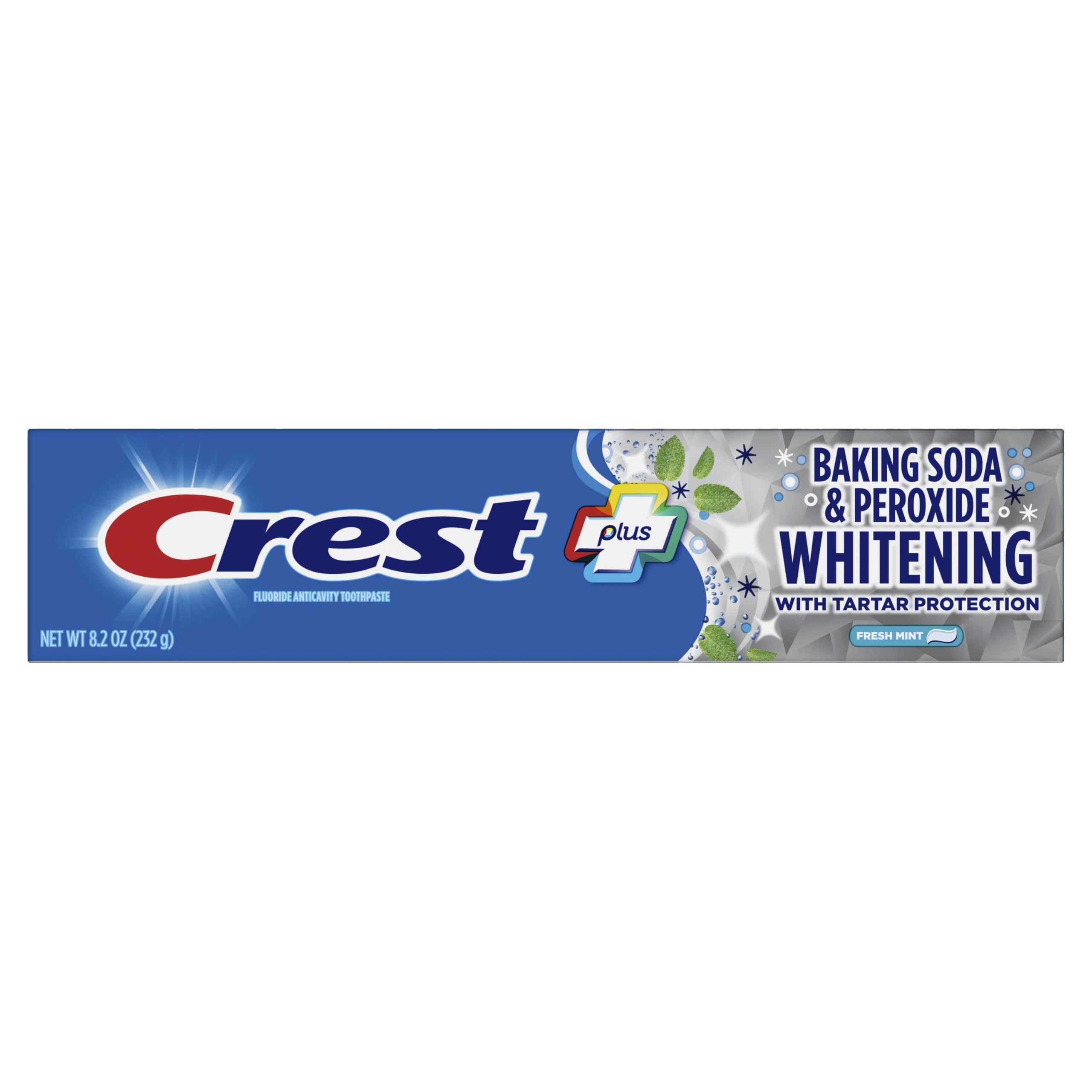 Crest tubo sobre superficie con referencia de tamaño 8.2 oz visible