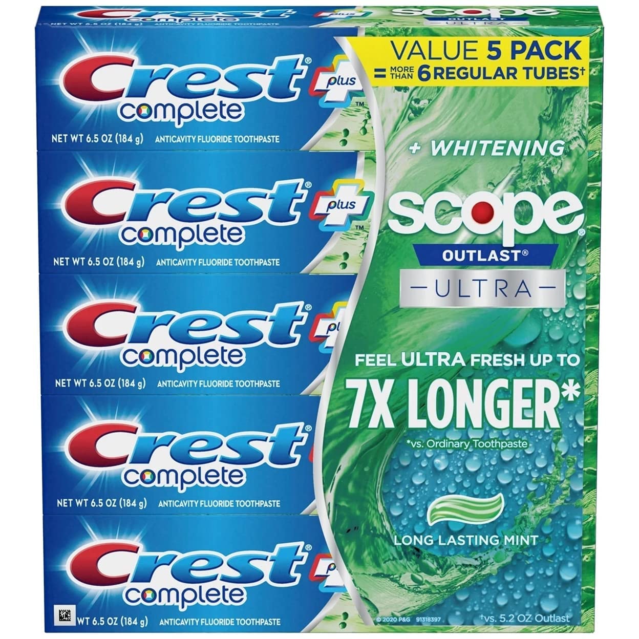 Crest Complete frente del pack de 5 tubos mostrando el envase y beneficio de limpieza y frescura Scope