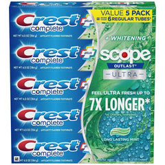 Crest Complete frente del pack de 5 tubos mostrando el envase y beneficio de limpieza y frescura Scope