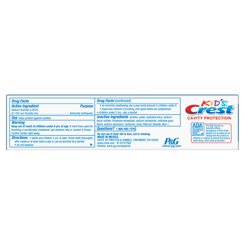 Crest cierre mostrando sabor Sparkle Fun y atractivo sensorial para niños
