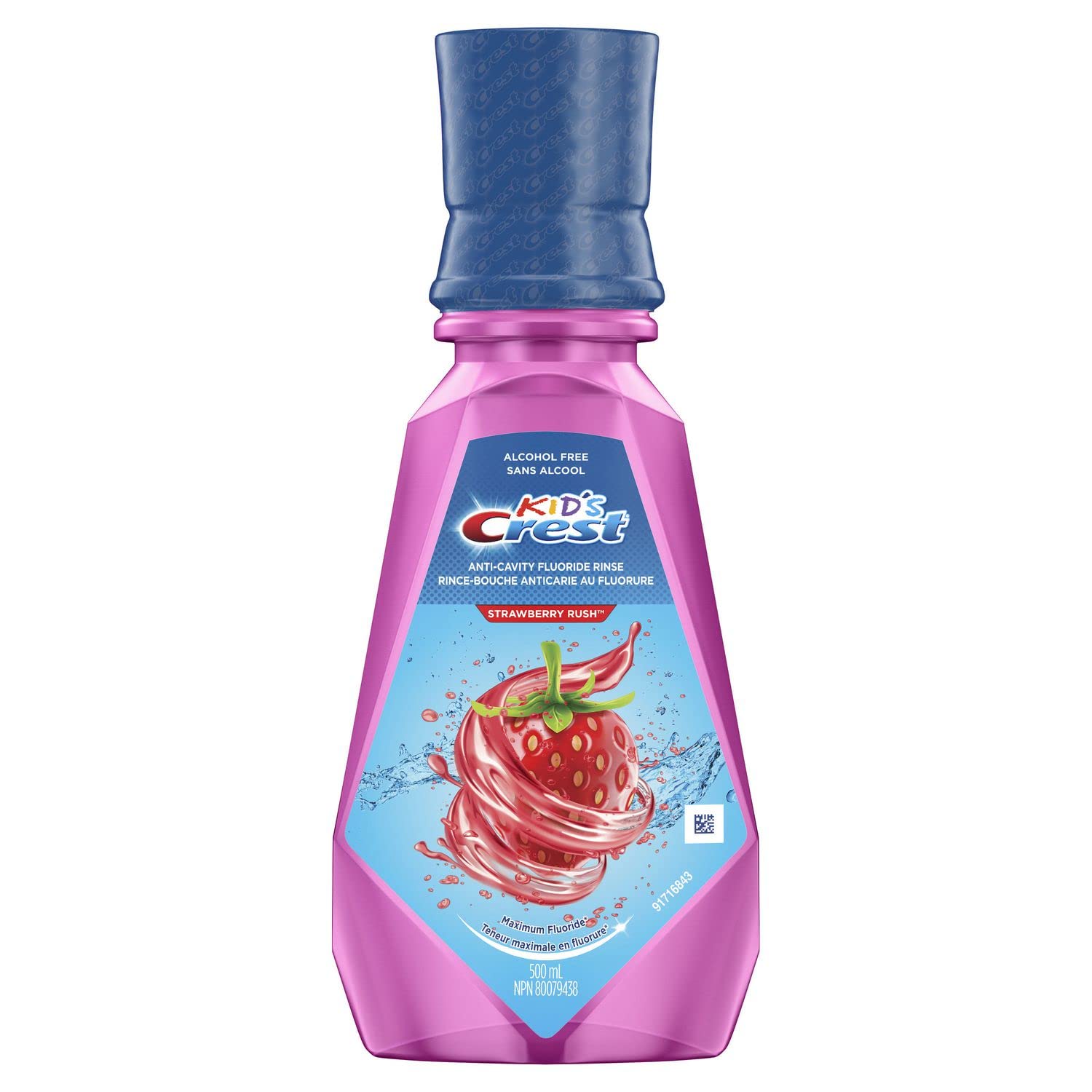 Crest enjuague fresa frontal mostrando diseño y volumen, ayuda a la aceptación infantil