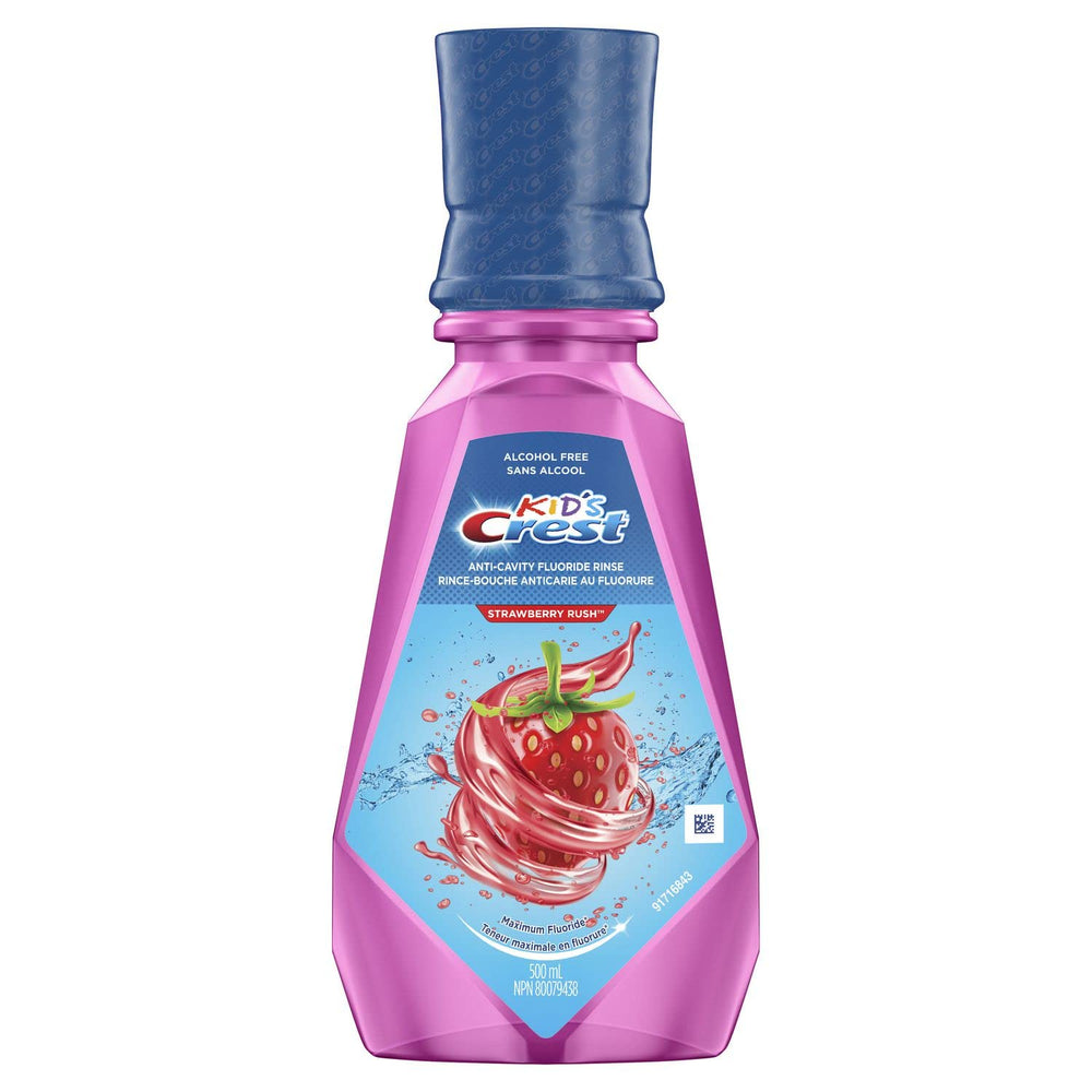 Crest enjuague fresa frontal mostrando diseño y volumen, ayuda a la aceptación infantil