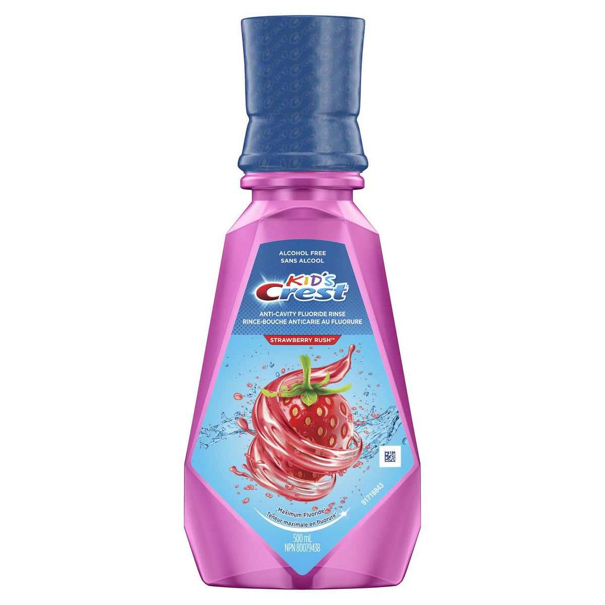 Crest enjuague fresa frontal mostrando diseño y volumen, ayuda a la aceptación infantil