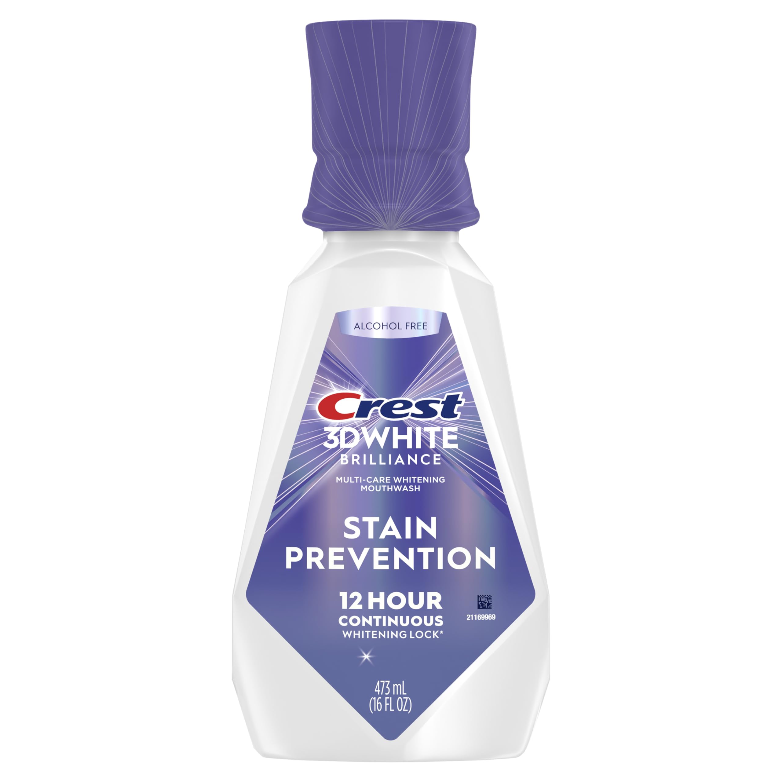 Crest enjuague frontal embalaje muestra botella 473 ml y beneficio efecto blanqueador