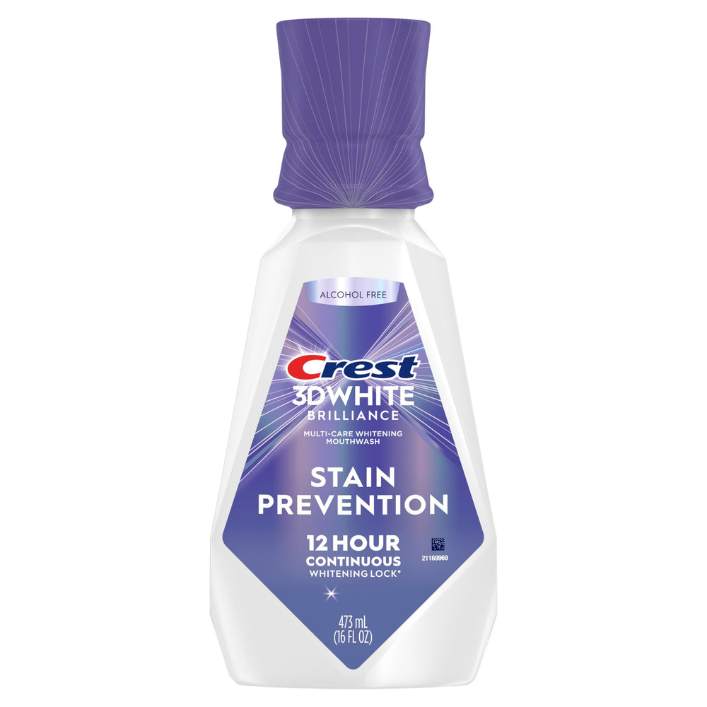 Crest enjuague frontal embalaje muestra botella 473 ml y beneficio efecto blanqueador