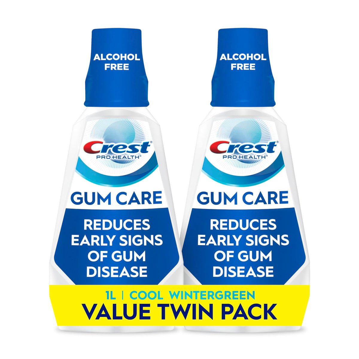 Crest enjuague frontal pack 2 mostrando botellas y etiqueta y beneficio de protección