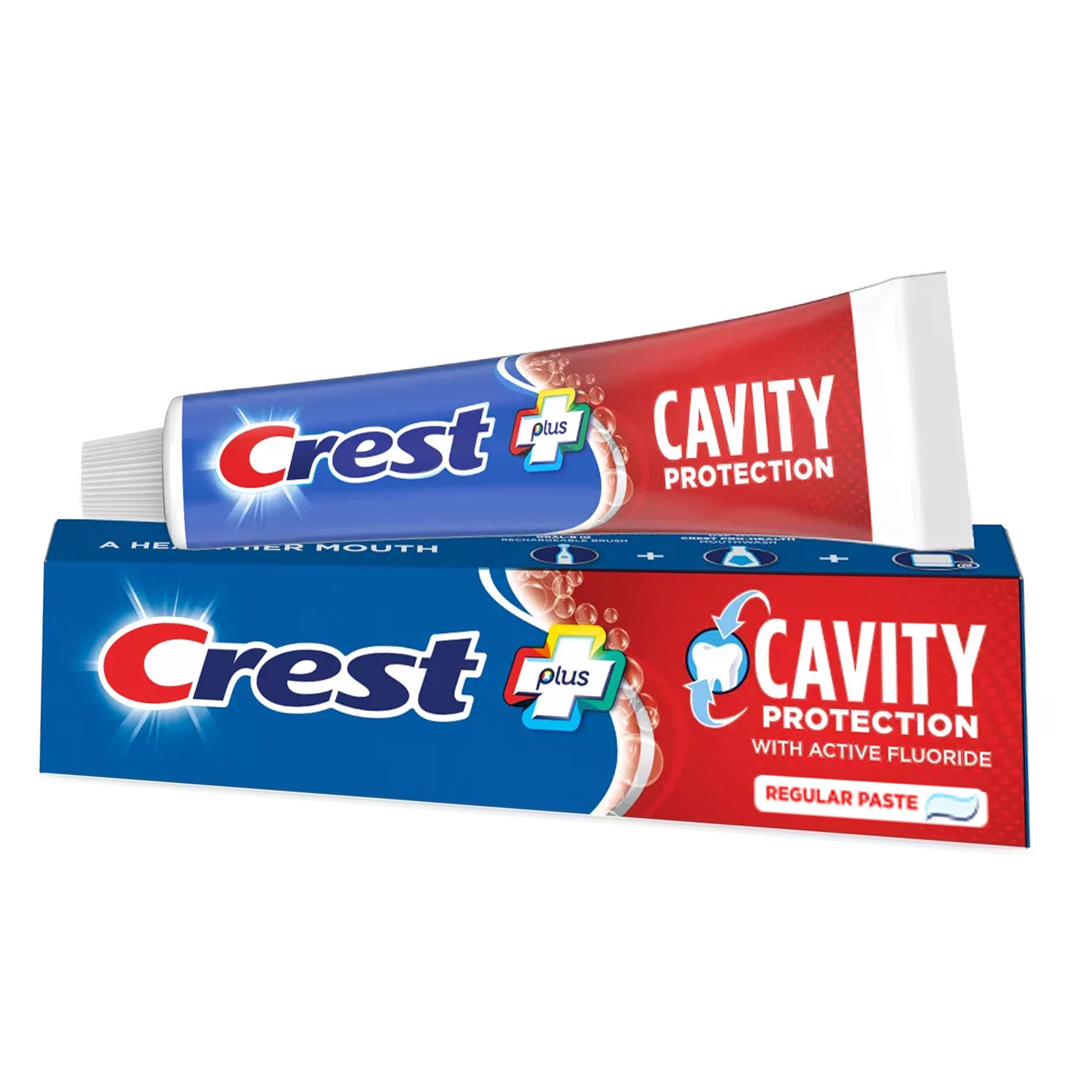 Crest etiqueta con ingredientes activos y aclaración de flúor