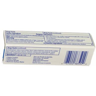 Crest etiqueta de ingredientes legible que facilita identificación de beneficios