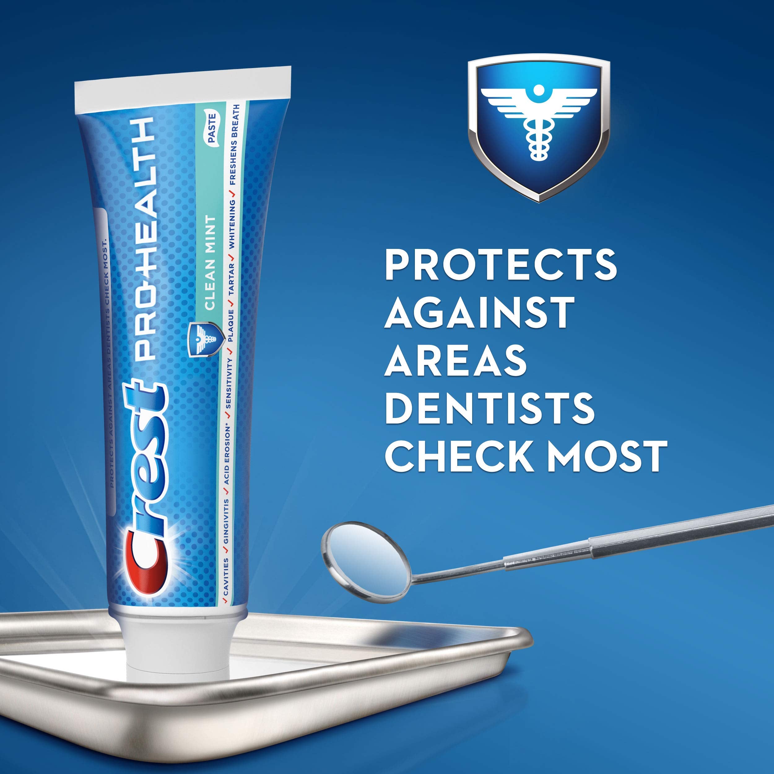 Crest etiqueta con ingredientes clave y beneficios para la salud bucal