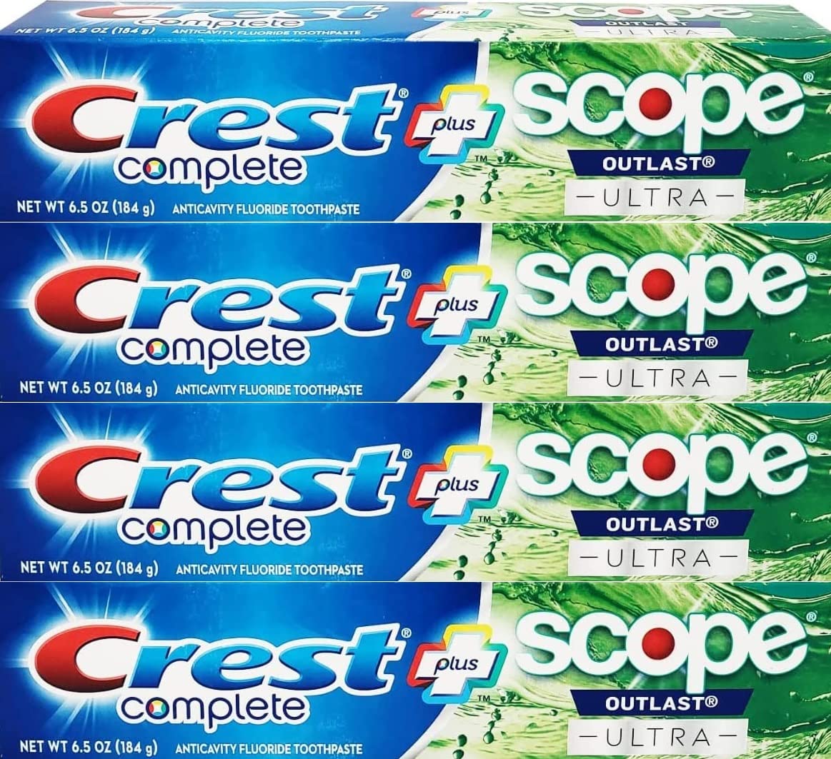 Crest frente del empaque mostrando pack de cuatro tubos y ventaja de ahorro