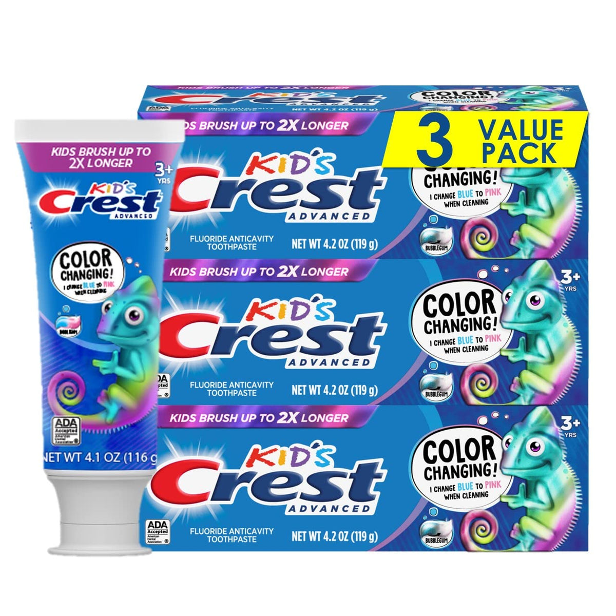 Crest frente del envase mostrando cambio de color y atractivo infantil