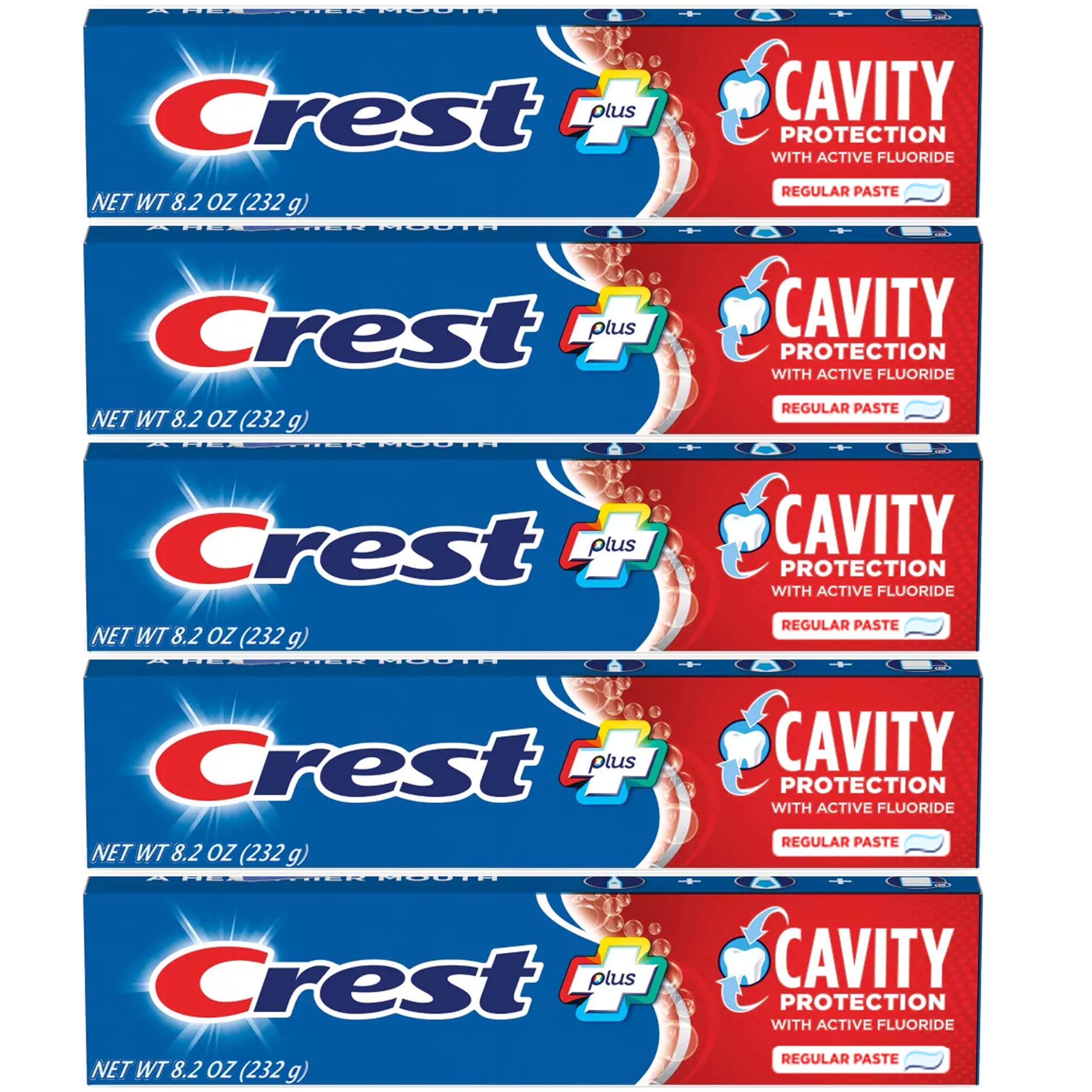 Crest empaque frontal pack de 5 mostrando ahorro y disponibilidad familiar