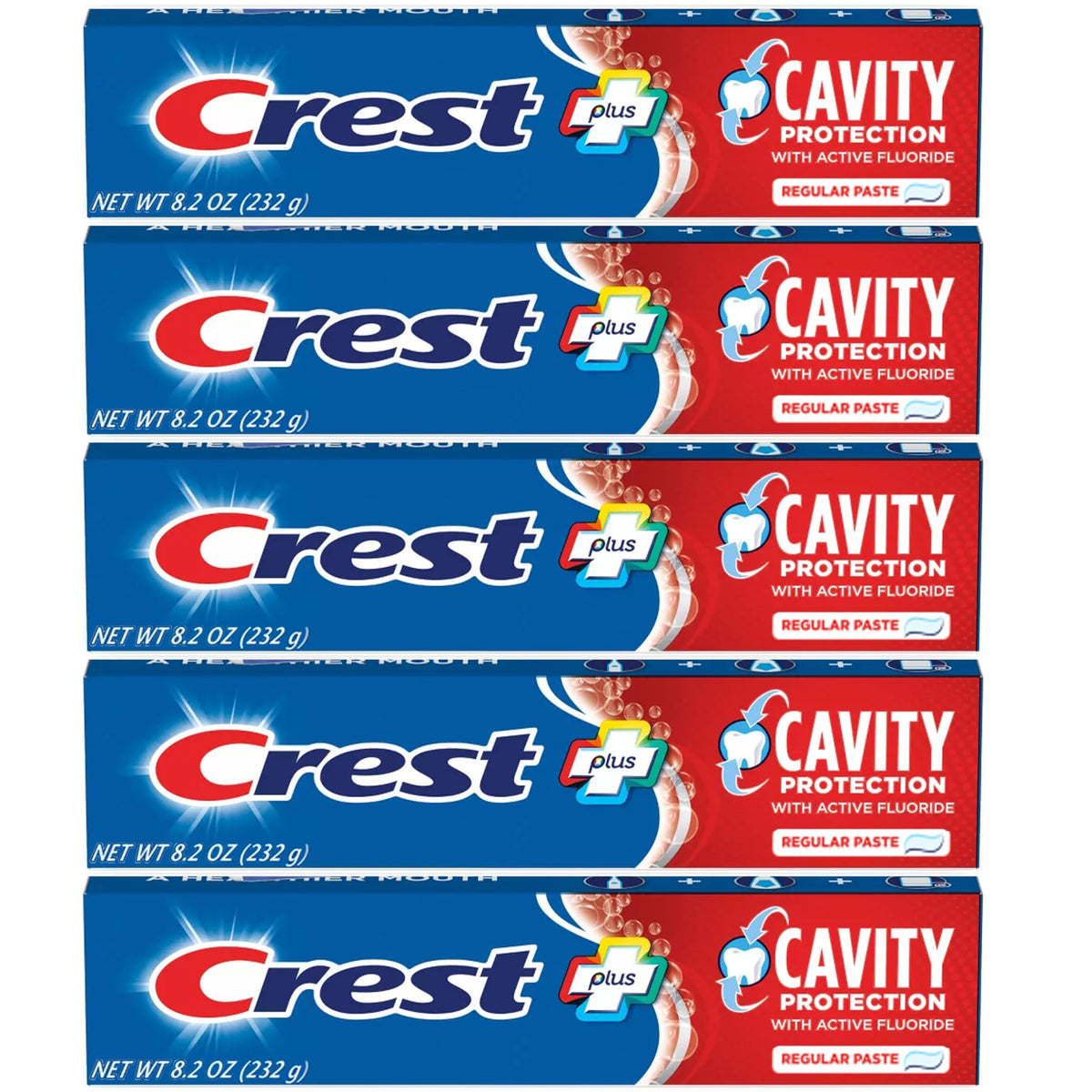 Crest empaque frontal pack de 5 mostrando ahorro y disponibilidad familiar