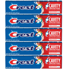 Crest empaque frontal pack de 5 mostrando ahorro y disponibilidad familiar