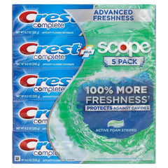 Crest pack frontal 5 unidades mostrando tubos y ahorro familiar