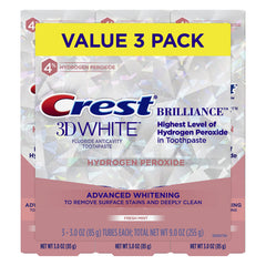 Crest frontal del pack mostrando tres tubos y beneficio blanqueador inmediato