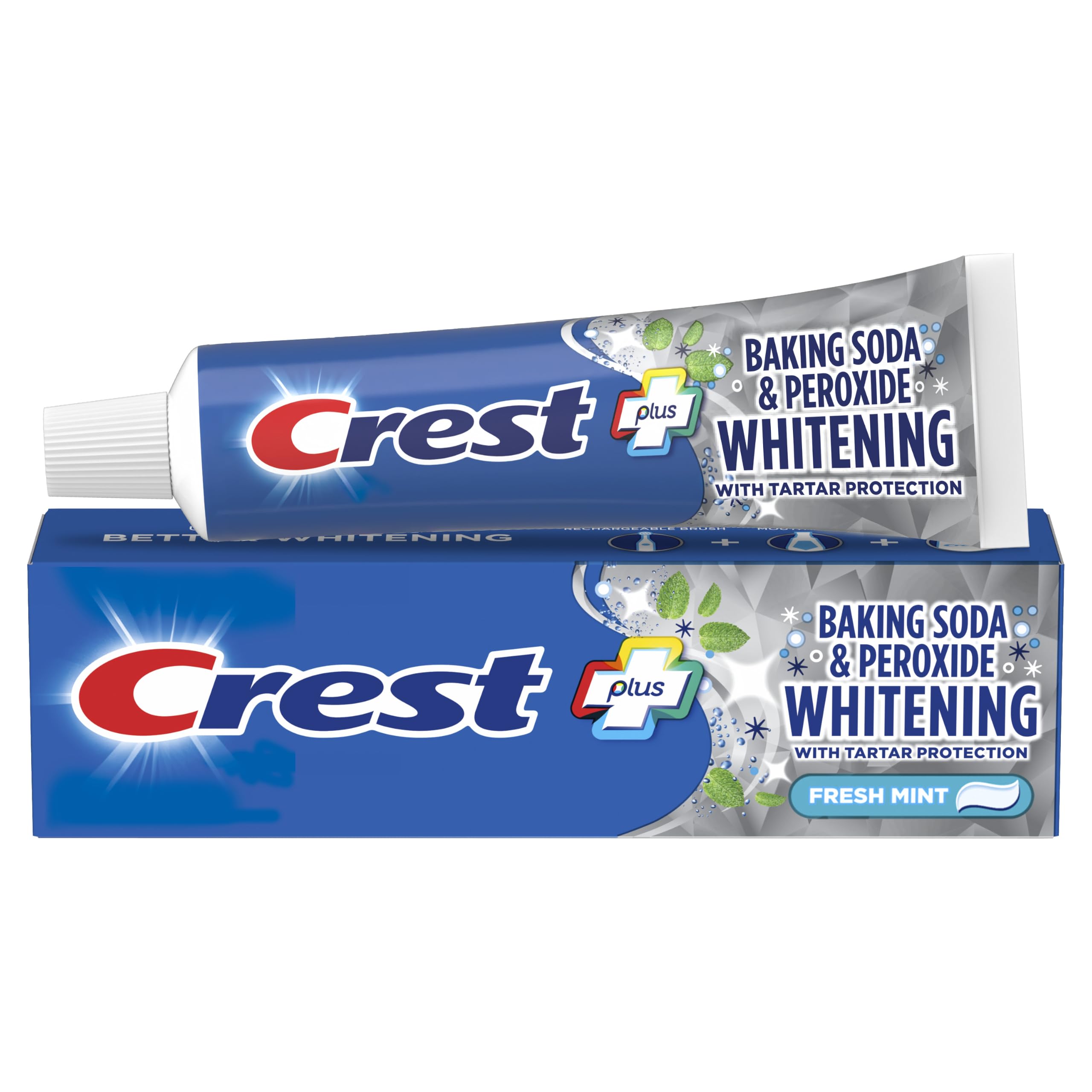 Crest pasta frontal del envase mostrando Fresh Mint y beneficios