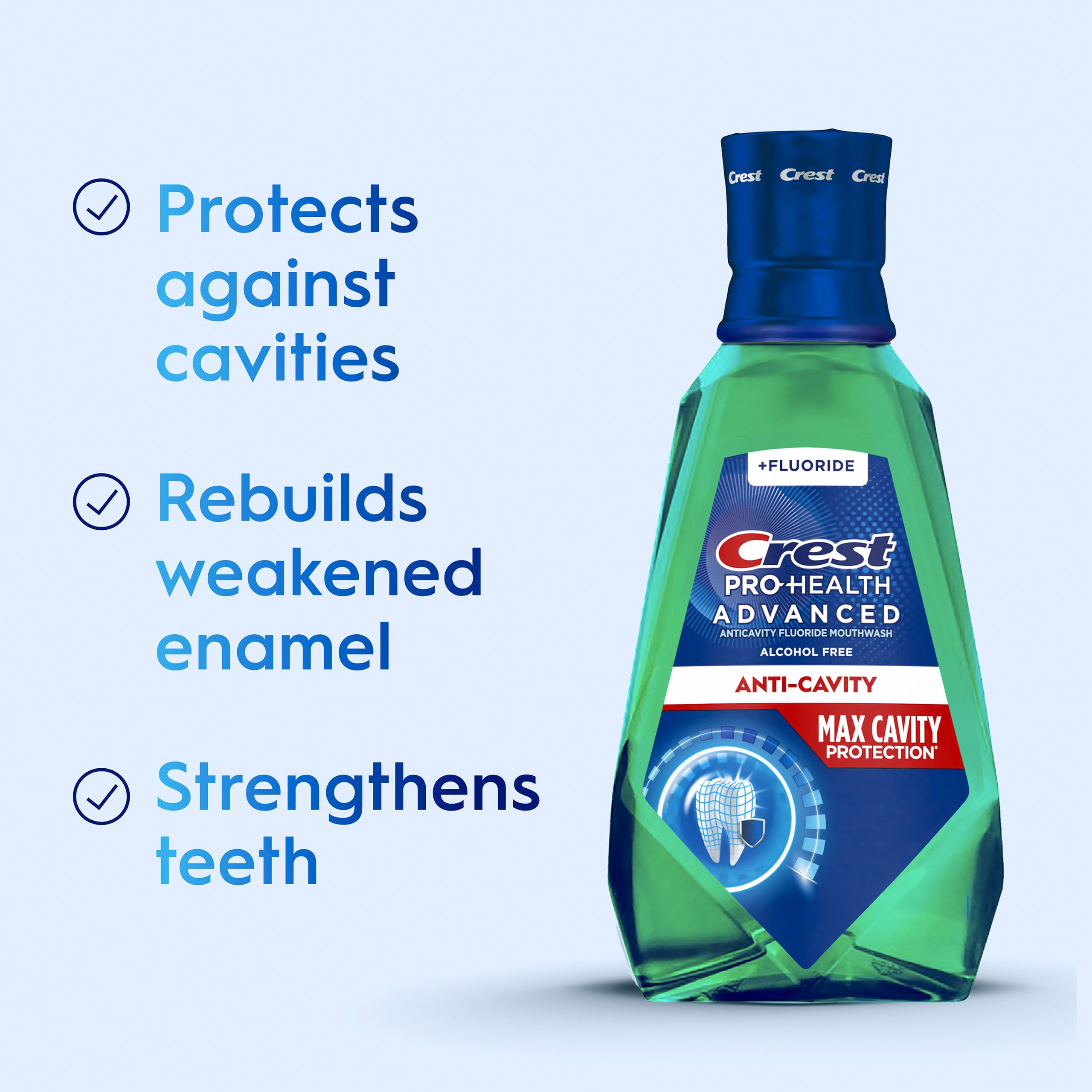 Crest etiqueta con ingredientes y ventajas para fortalecer el esmalte