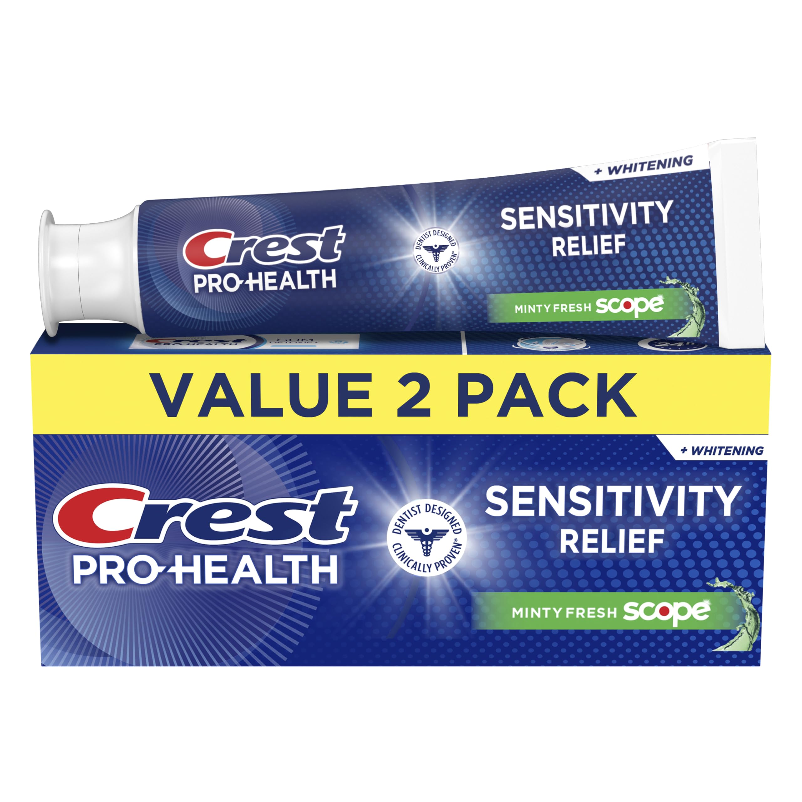 Crest empaque frontal del pack de dos tubos mostrando marca y tamaño