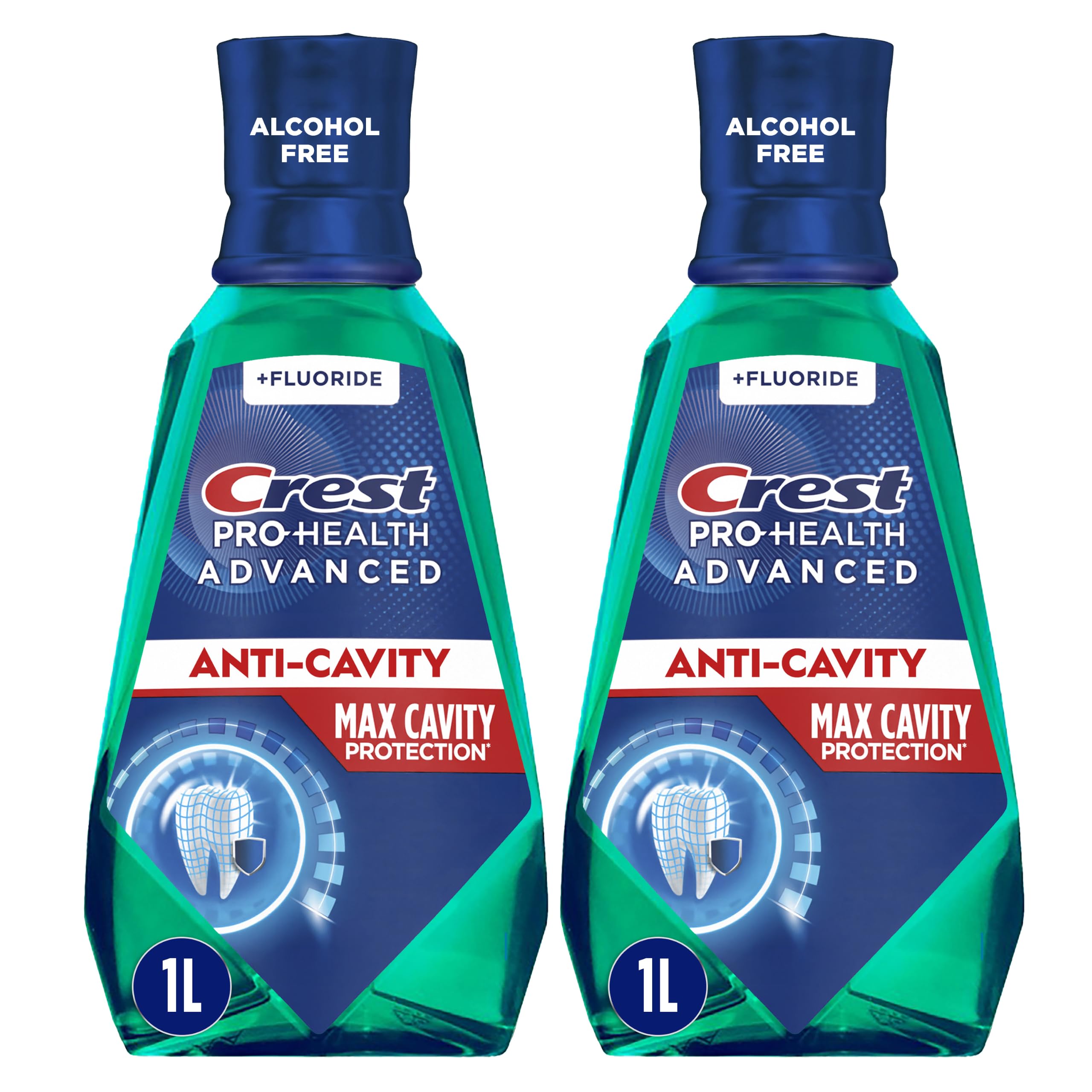 Crest envase frontal mostrando protección anticaries y beneficio de fortaleza