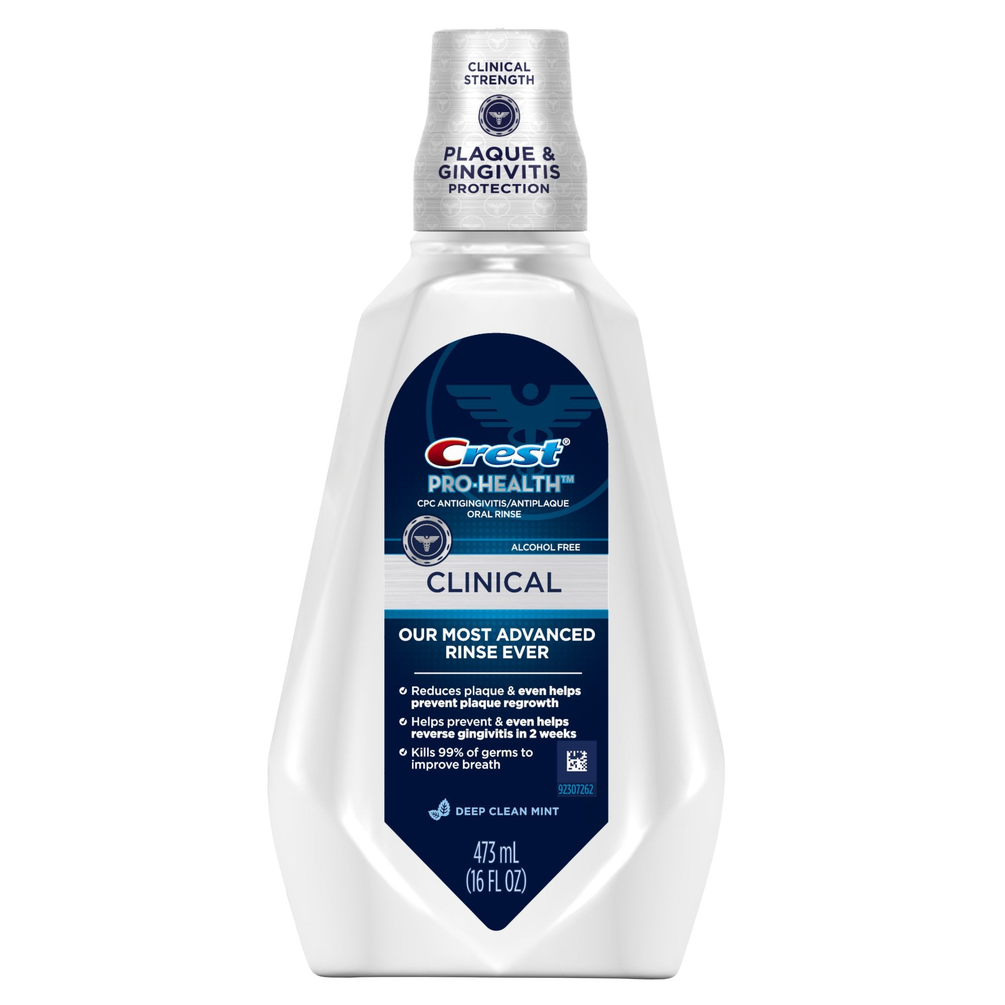 Crest Pro-Health enjuague frontal mostrando etiqueta clara y beneficio de limpieza