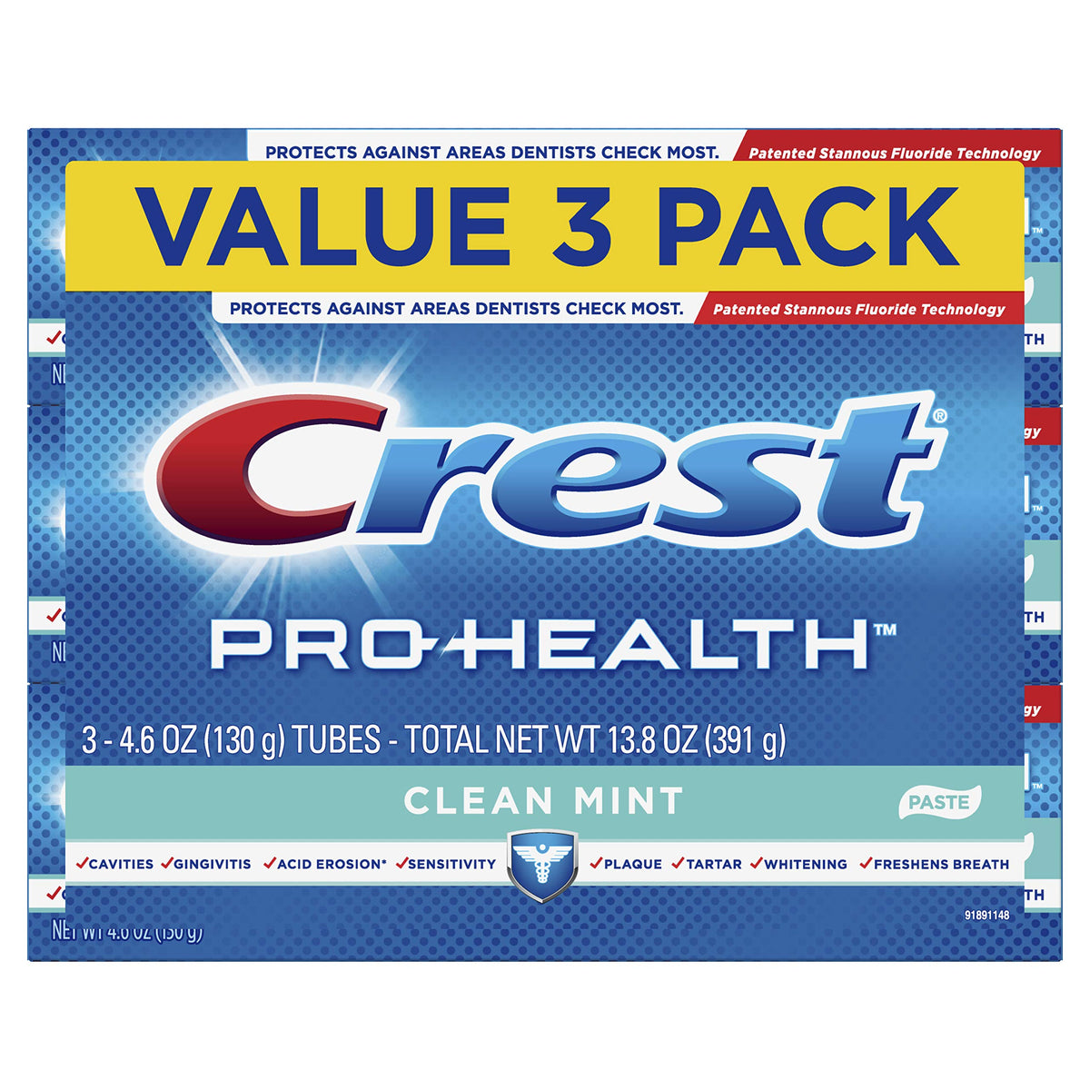 Crest frente del envase mostrando beneficios 8 en 1 y confianza