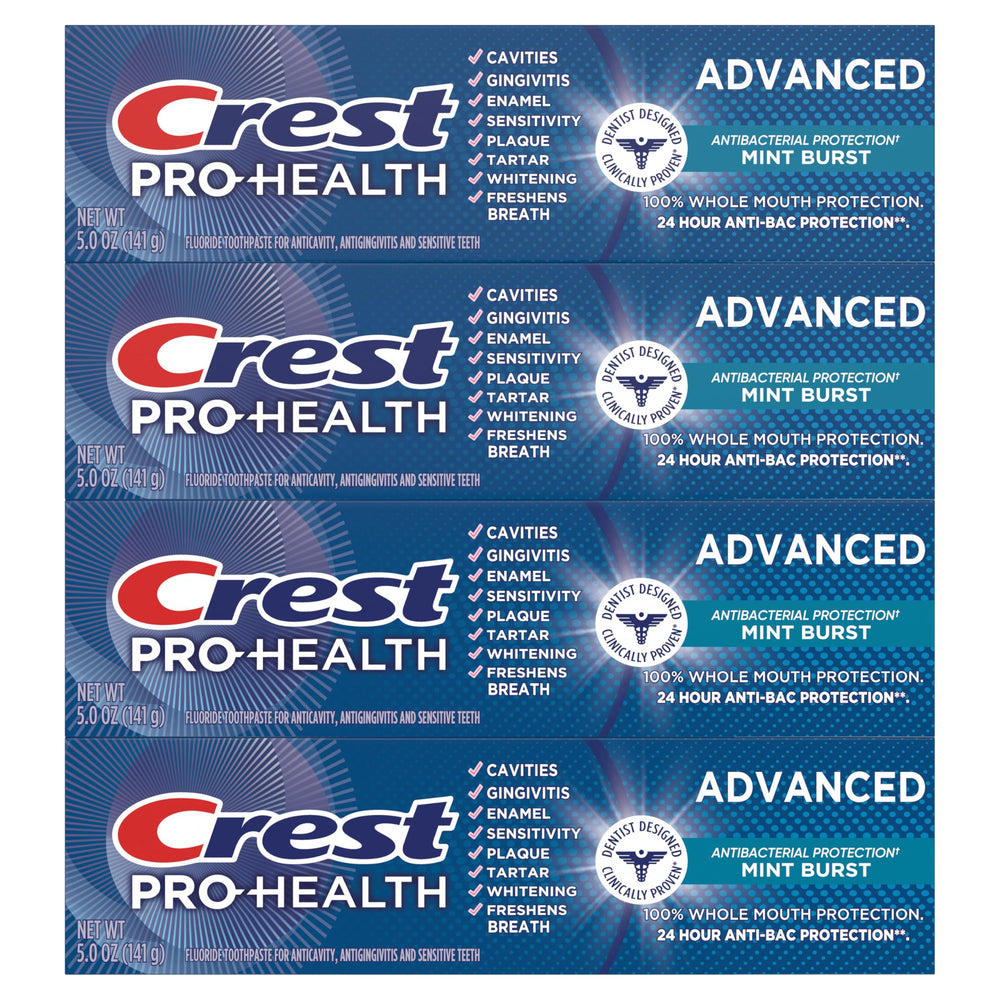 Crest los cuatro tubos del pack 4x5 oz organizados