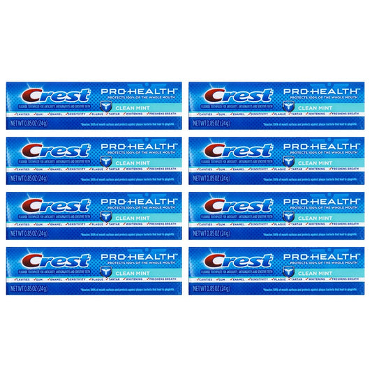 Crest Pro-Health vista frontal del pack de 8 tubos, fácil identificación y almacenamiento