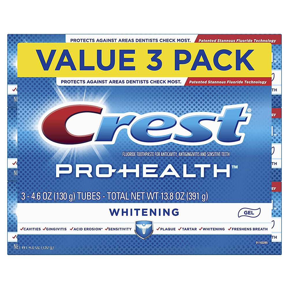 Crest Pro-Health frontal del empaque mostrando el paquete triple y beneficios