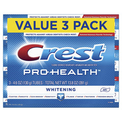 Crest Pro-Health frontal del empaque mostrando el paquete triple y beneficios