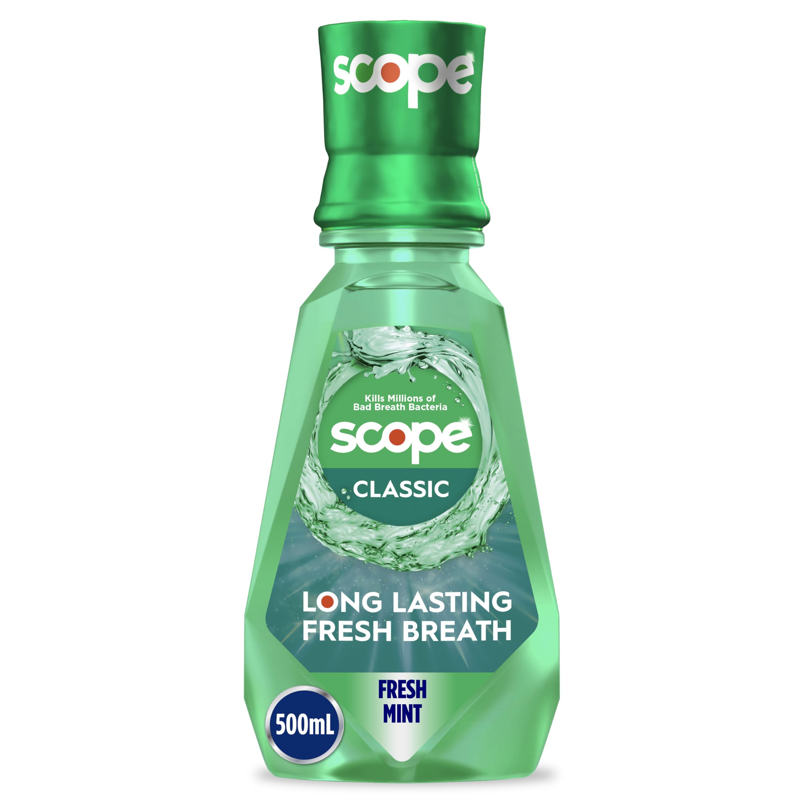 Crest Scope Classic frente del envase mostrando la marca y tamaño 500 ml para frescura inmediata