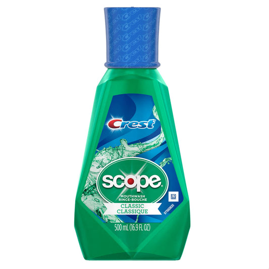 Crest Scope Classic frontal botella mostrando etiqueta y volumen para frescura duradera