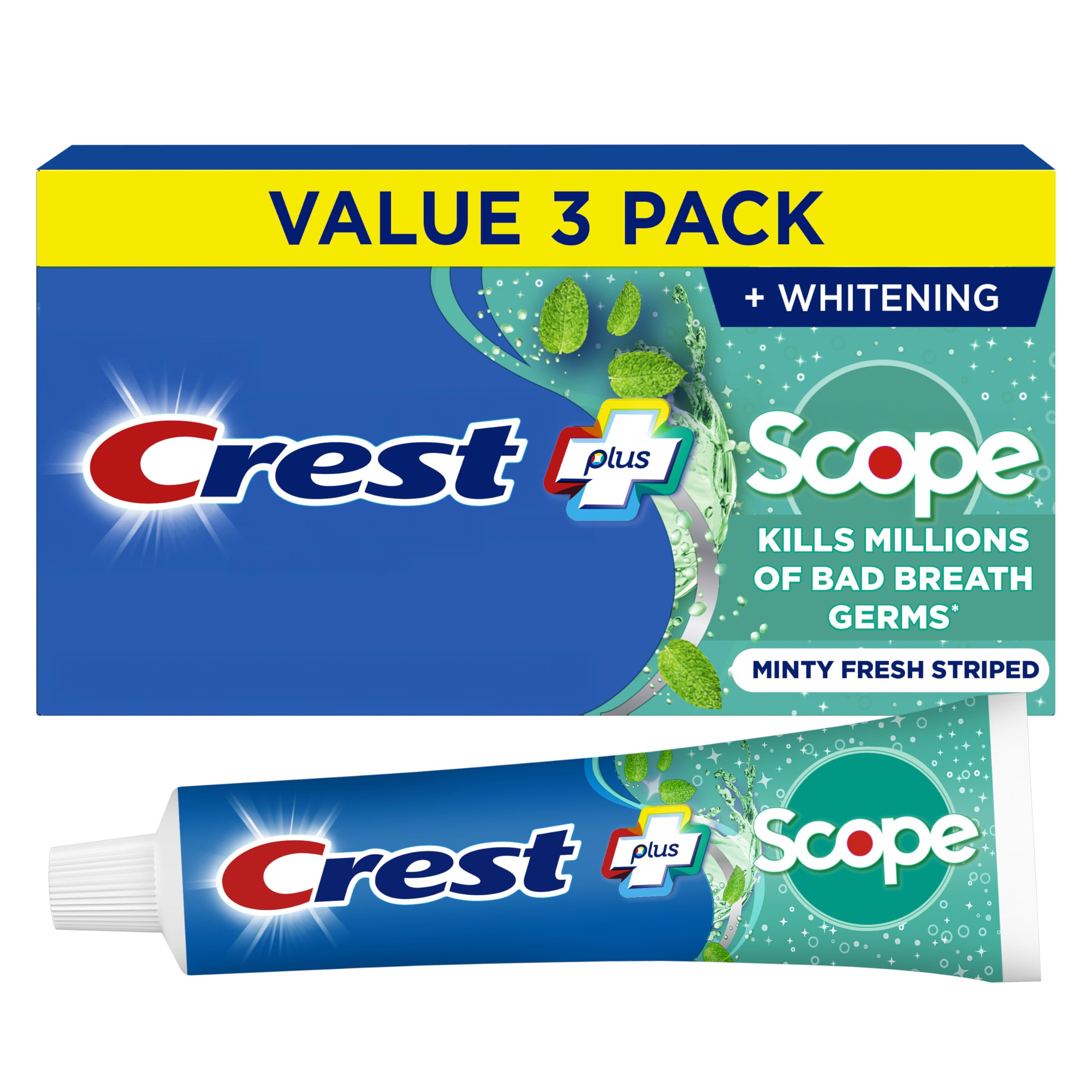 Crest con Scope vista frontal del envase mostrando marca y beneficio fresco