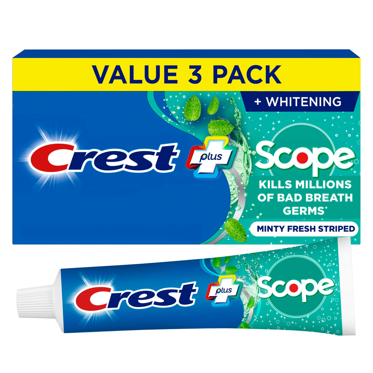 Crest con Scope vista frontal del envase mostrando marca y beneficio fresco