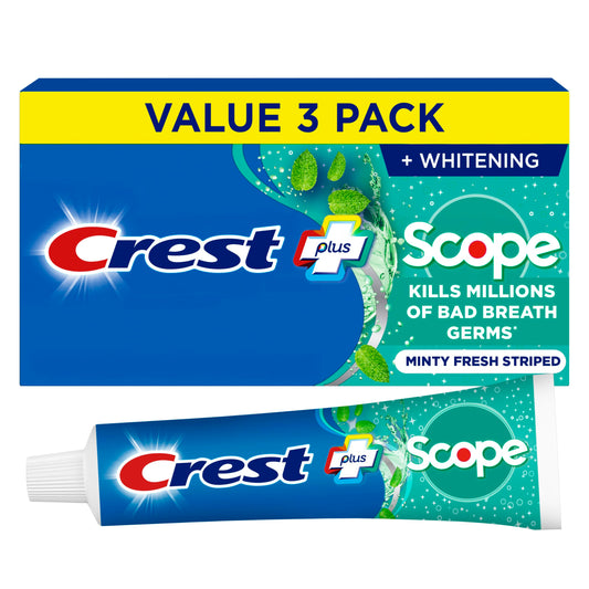 Crest con Scope vista frontal del envase mostrando marca y beneficio fresco