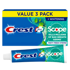 Crest con Scope vista frontal del envase mostrando marca y beneficio fresco