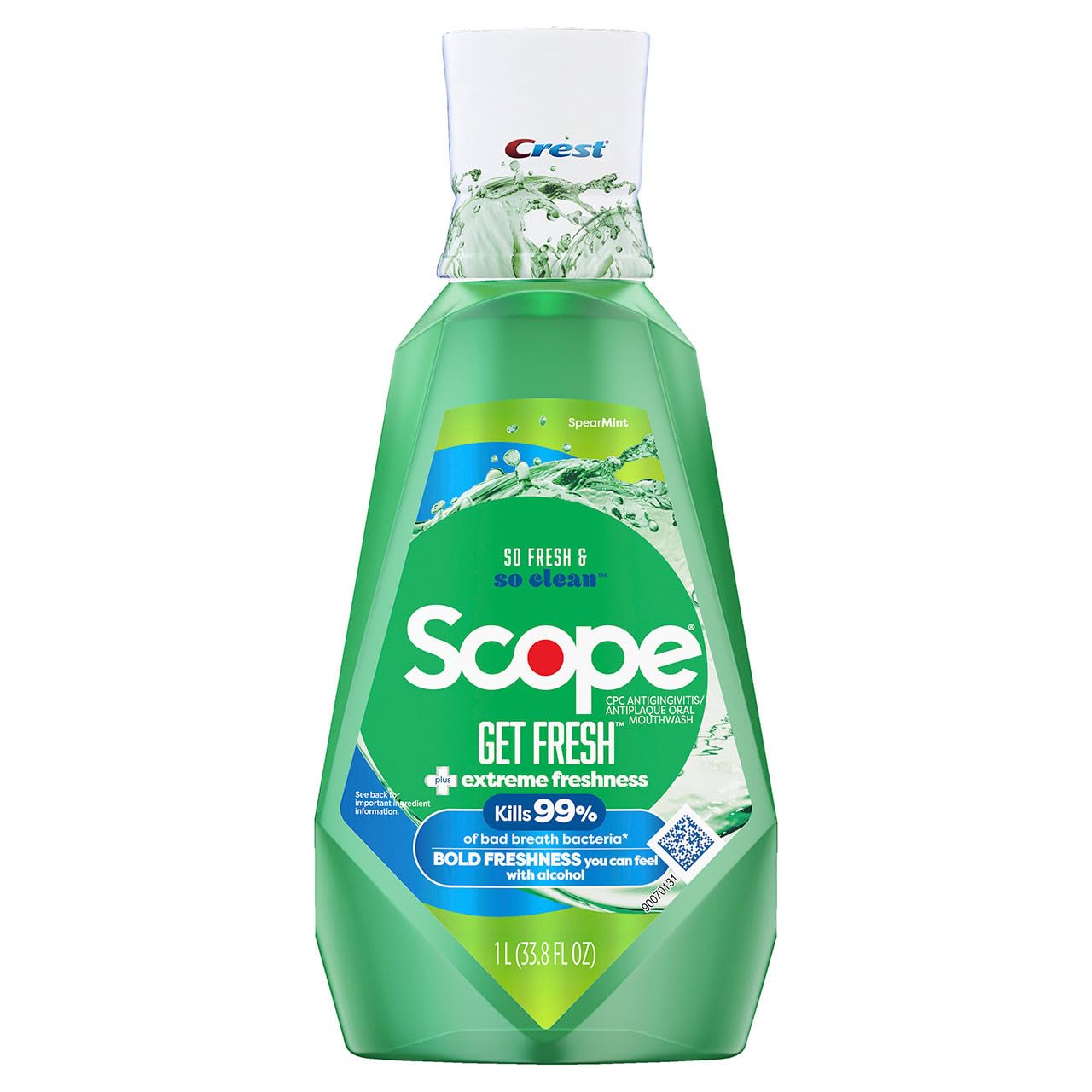Crest Scope botella frontal 1L mostrando el envase y frescor duradero