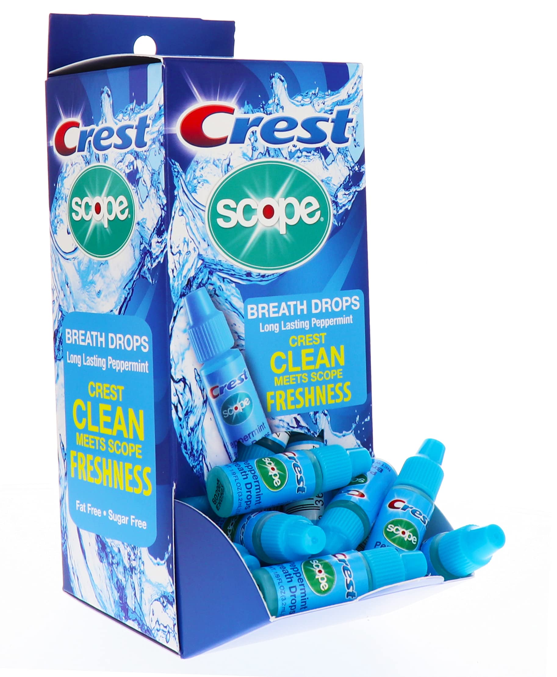 Crest Scope expositor frontal mostrando frascos y frescura instantánea