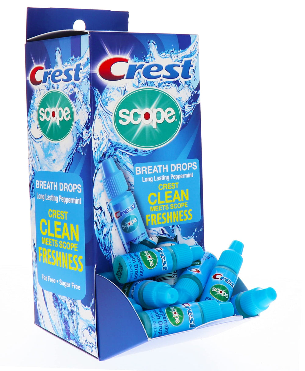 Crest Scope expositor frontal mostrando frascos y frescura instantánea