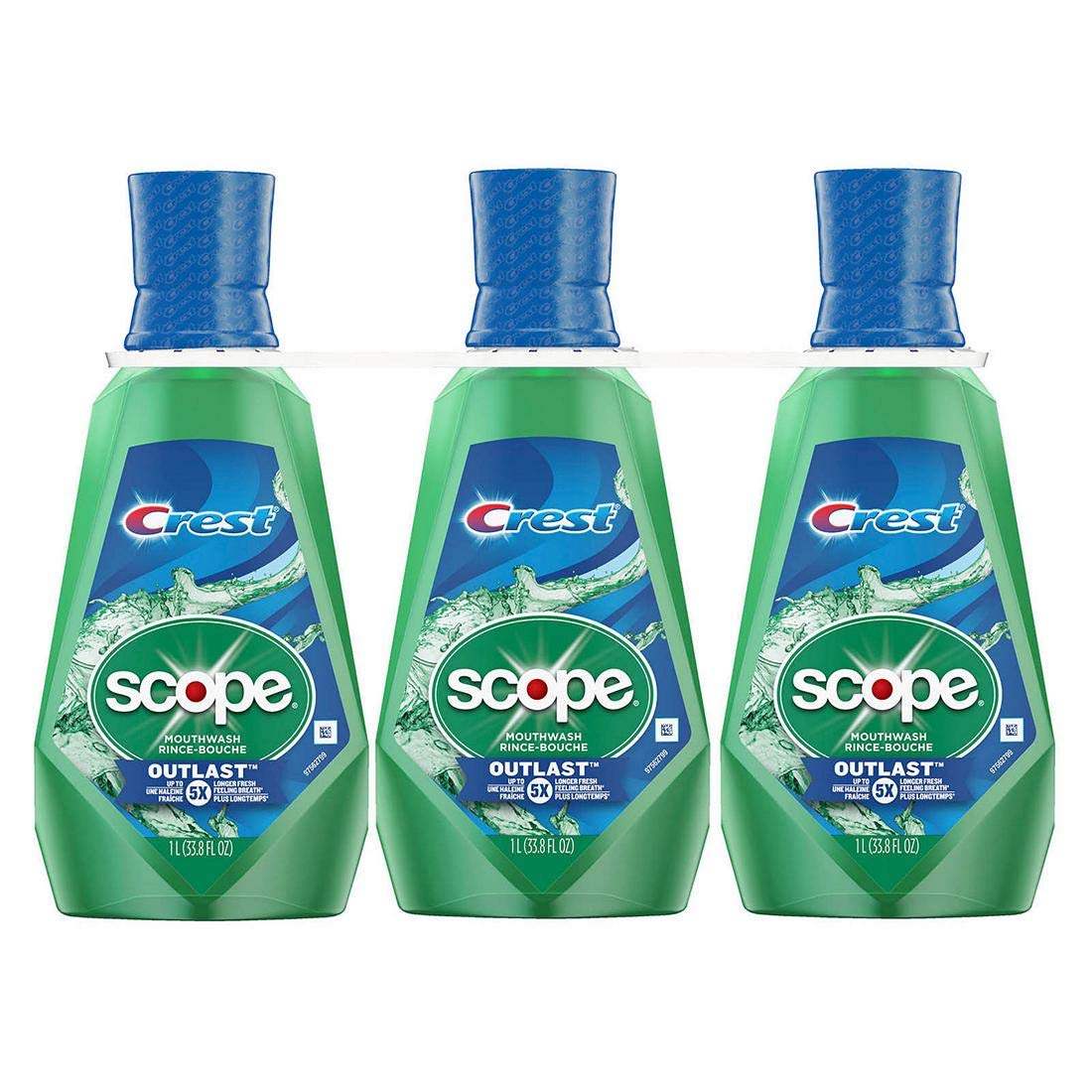 Crest Scope Outlast frente del envase mostrando tamaño y etiqueta, frescura prolongada