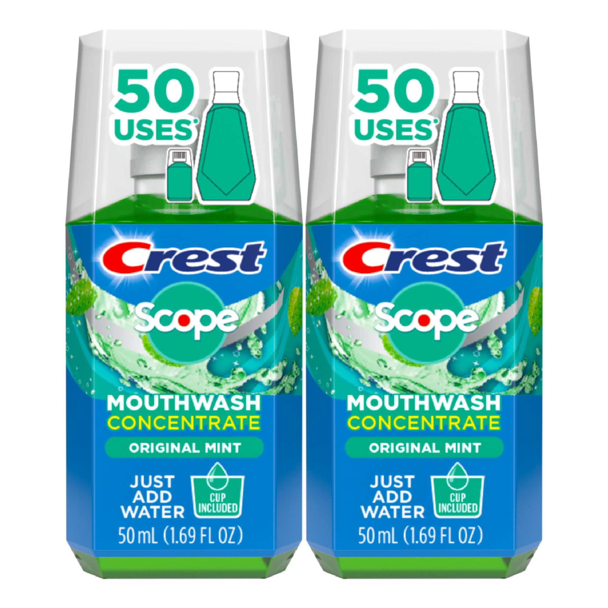 Crest Scope pack de dos botellas sobre superficie para almacenamiento eficiente