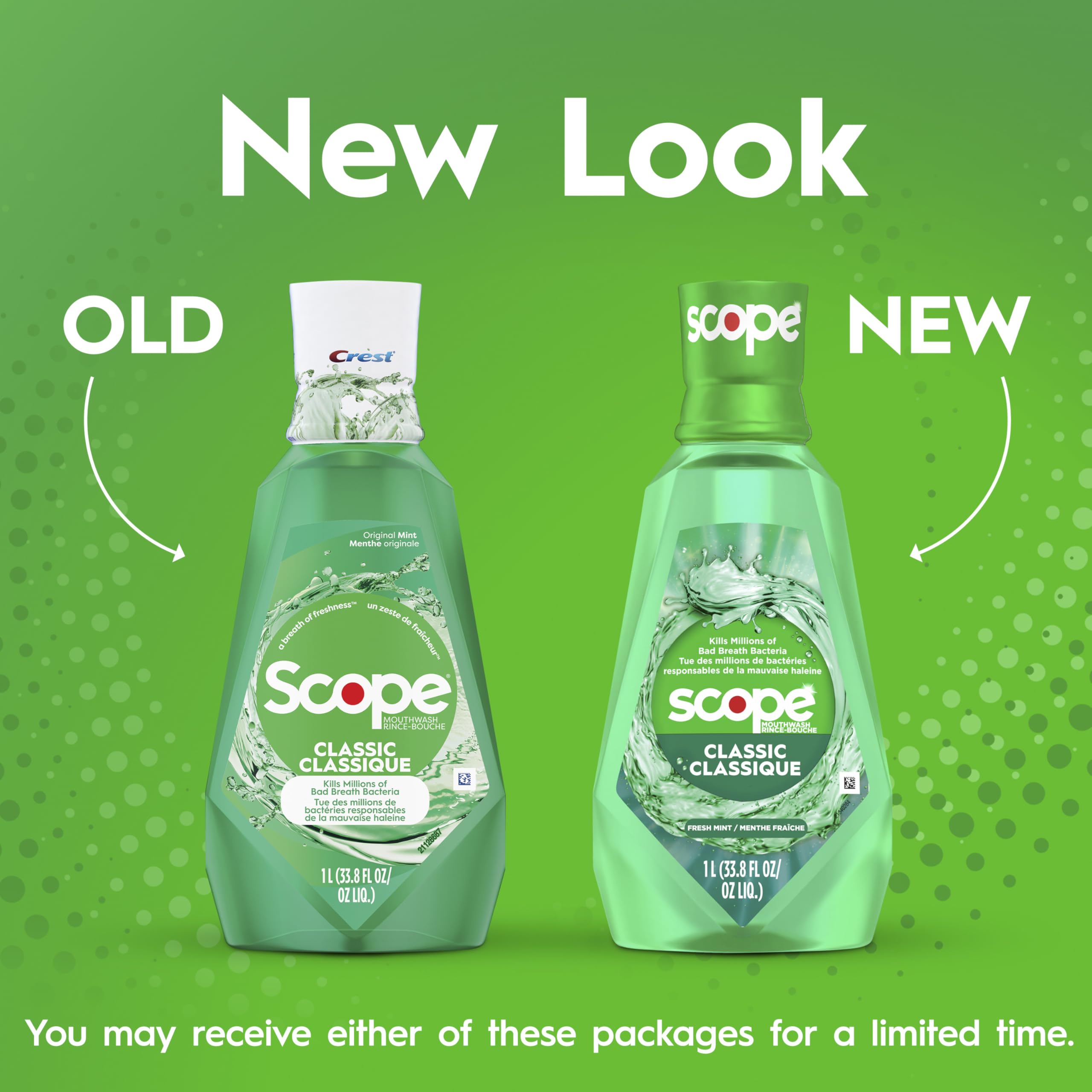 Textura del líquido verde menta de Crest Scope Classic que sugiere sensación refrescante prolongada