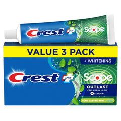 Crest paquete triple frontal mostrando los tres tubos y ahorro