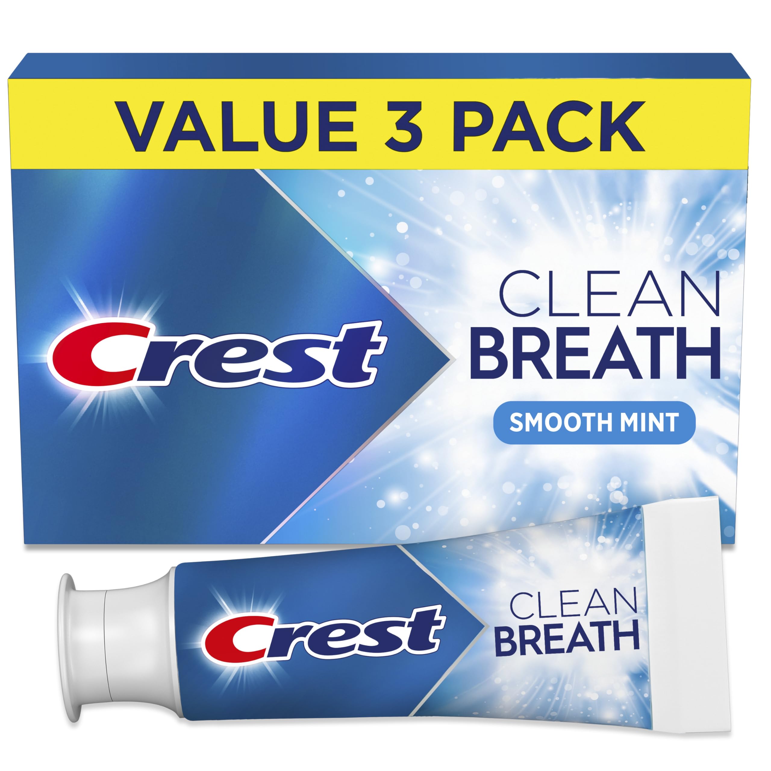 Crest tubo frente mostrando el diseño y beneficio de aliento fresco