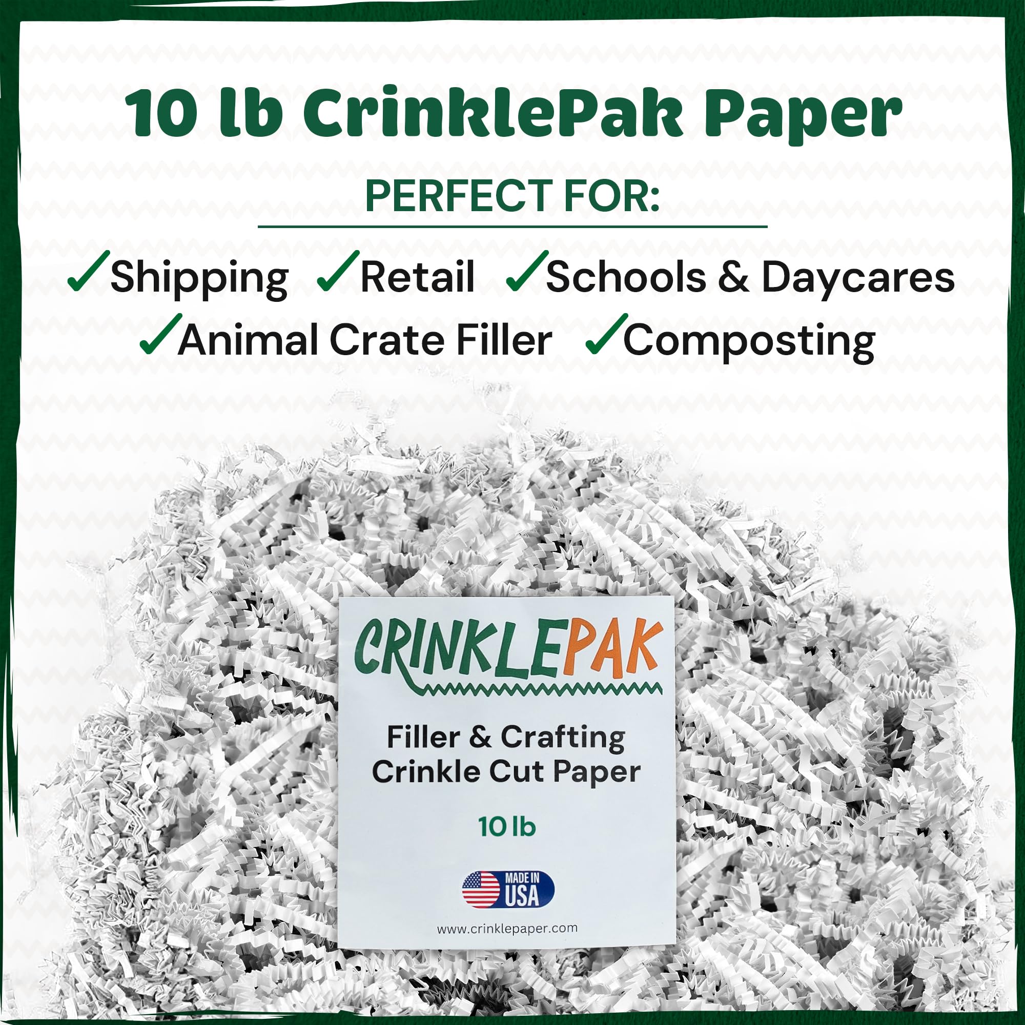 CrinklePak etiqueta que indica hecho en USA y apoyo a la economía local