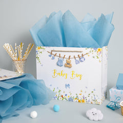 Crisky bolsa en mesa de baby shower ambientando la celebración