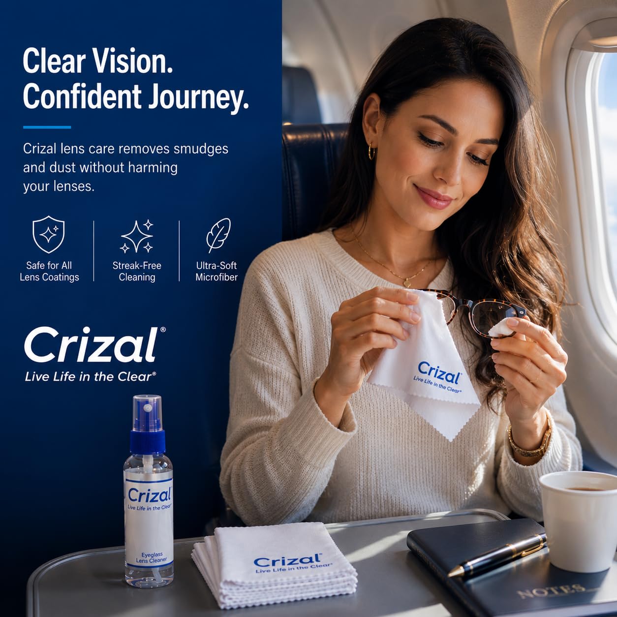 Crizal kit dentro de bolso de viaje, cuidado portátil para lentes